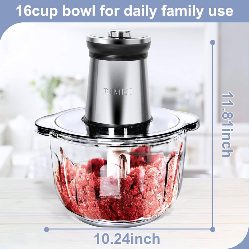 BUMET 16 cup glass bowl 850W Electric Food Processor,LED timer. 3-Tiered 6 Cutting Edges blade for mincing, chopping,Ideal as meat grinder,fresh vegetables chopper,pet food process in kitchen. - Image 2